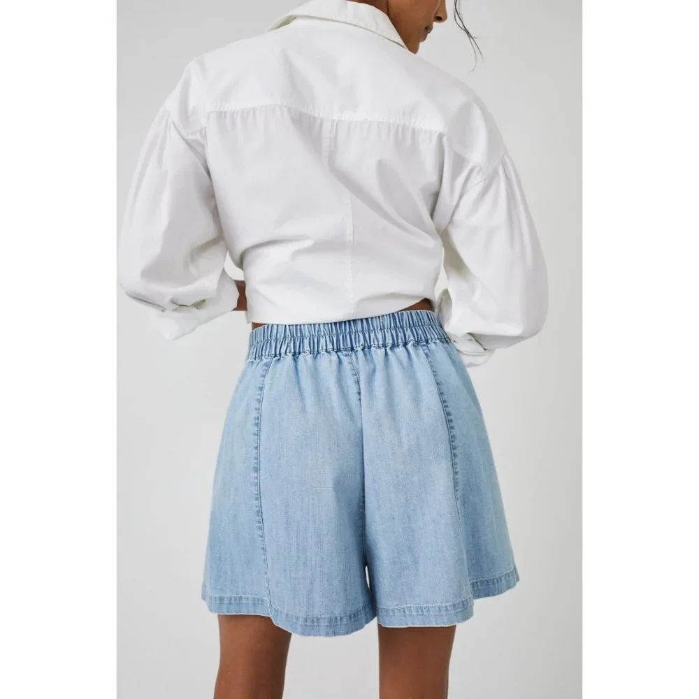 FREE PEOPLE Get Free Chambray Pull On Shorts / Lady Liberty - Picture 4 of 11